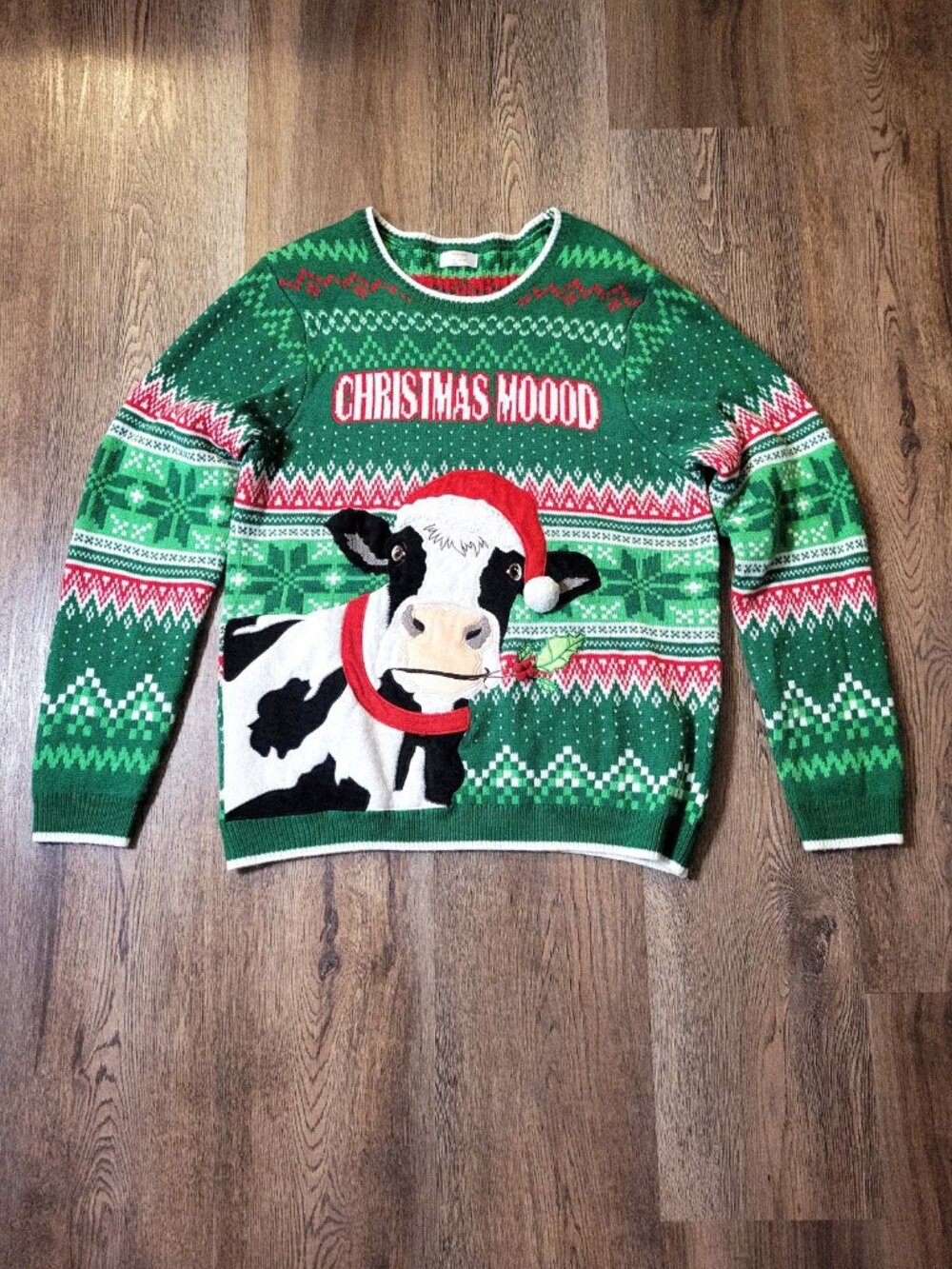 Holiday Time Cow Ugly Sweater Christmas Moood Mens XL Green Crew Neck